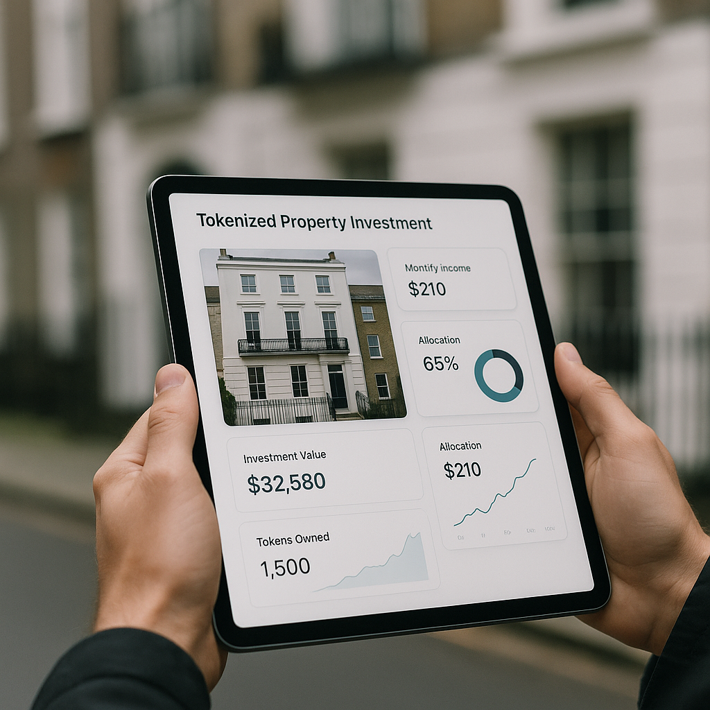 Tablet showing tokenised property investment platform, illustrating real world asset tokenisation 2026