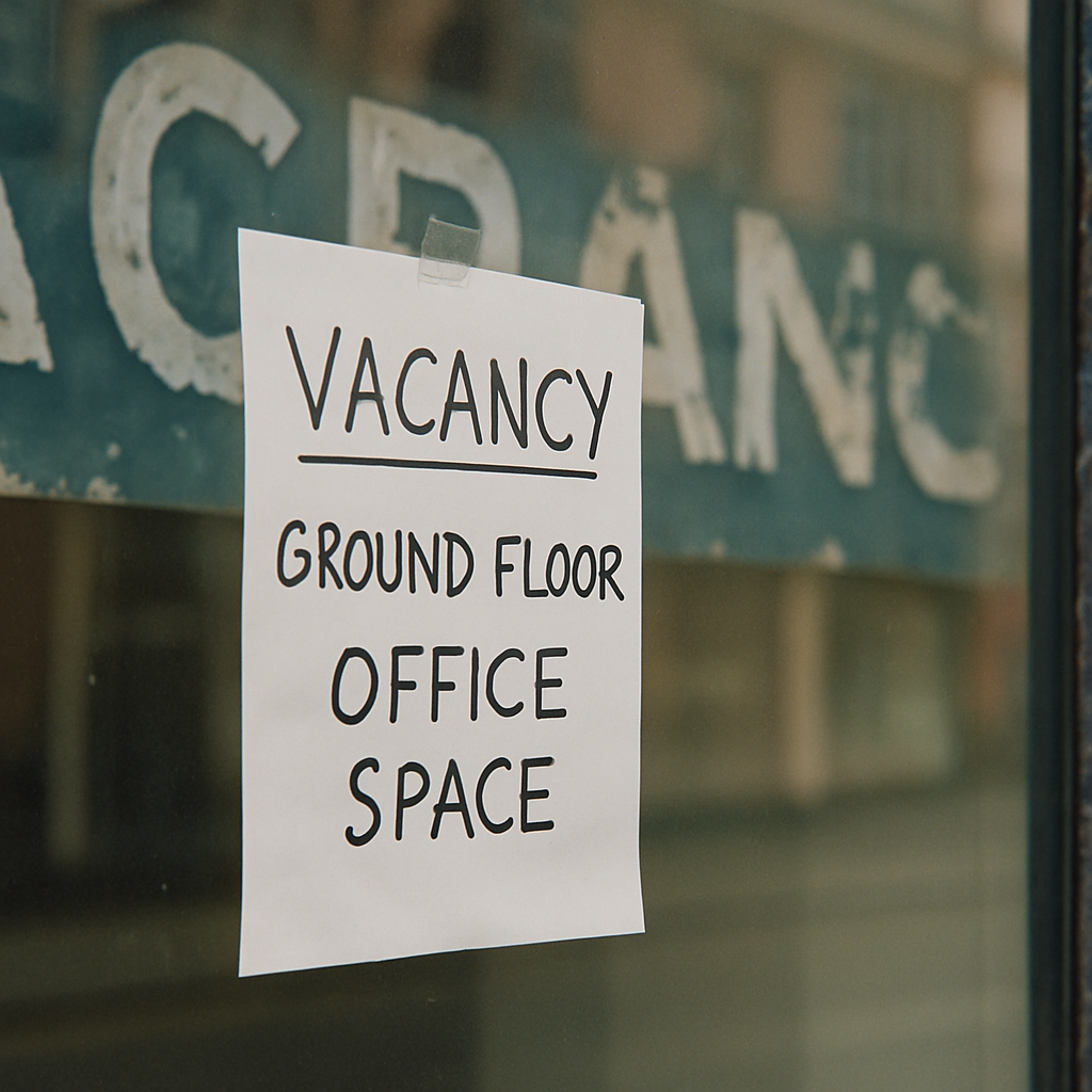 Vacant commercial property window detail illustrating the commercial real estate crisis in UK cities