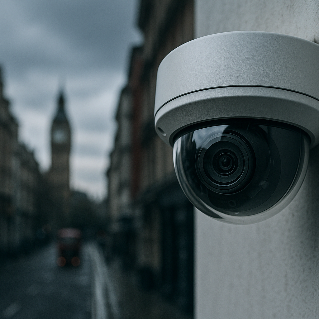 Close-up of a CCTV surveillance camera in a UK urban setting showing the lens detail