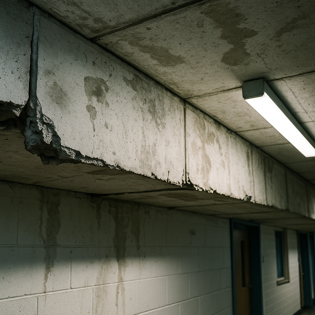 Close-up of deteriorating concrete ceiling panels illustrating school estate disrepair in an English school corridor