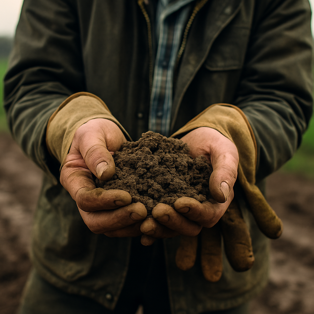 Farmer holding soil in an English field, reflecting the challenges of the British farming subsidy overhaul
