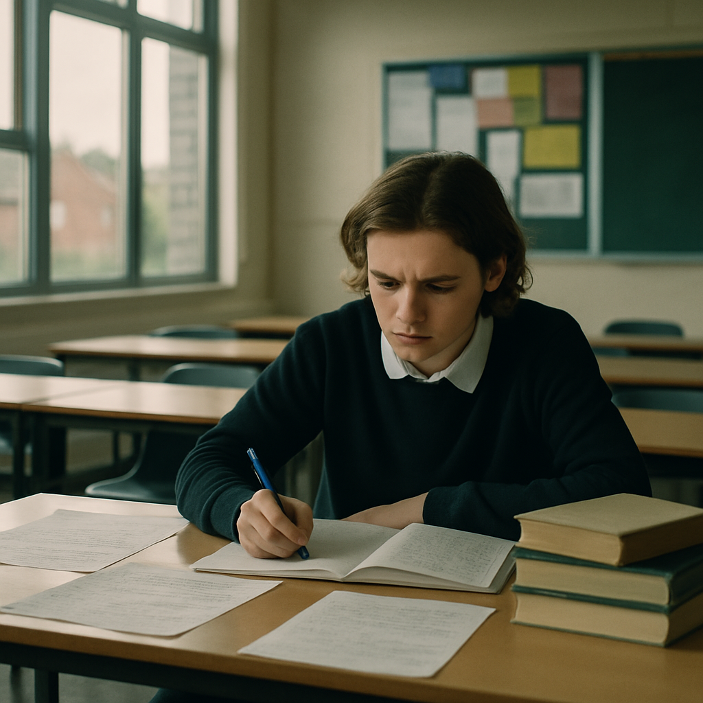 High-ability pupil studying alone in a state school classroom, illustrating the attainment gap facing disadvantaged students
