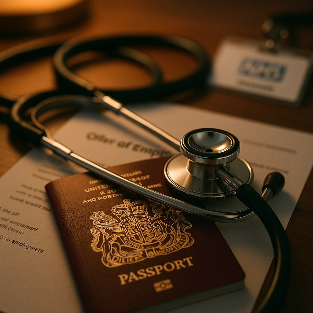 NHS doctor's stethoscope and passport symbolising UK brain drain skilled workers 2026 in medicine