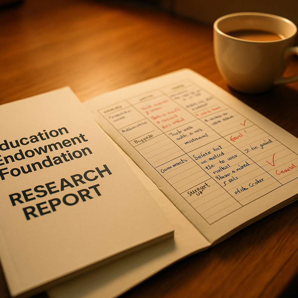 Teacher reviewing attainment gap research materials in a school staffroom